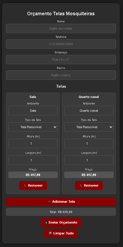 Formulário de orçamento de telas mosquiteiras