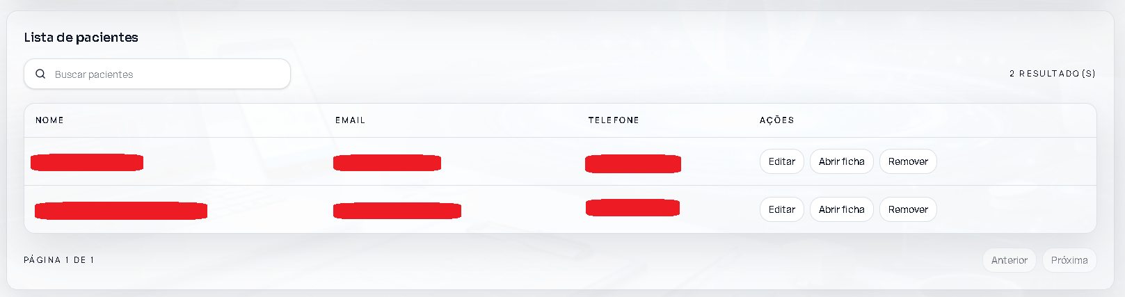 Lista de pacientes do E-Clinic