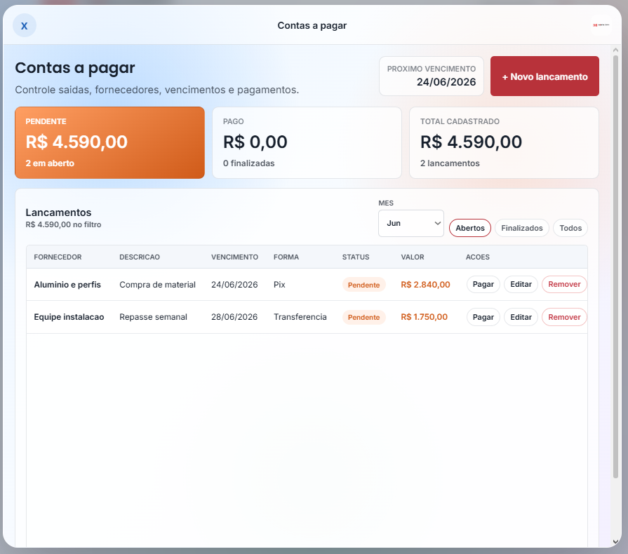 Contas a pagar no sistema Mosquiteira.com