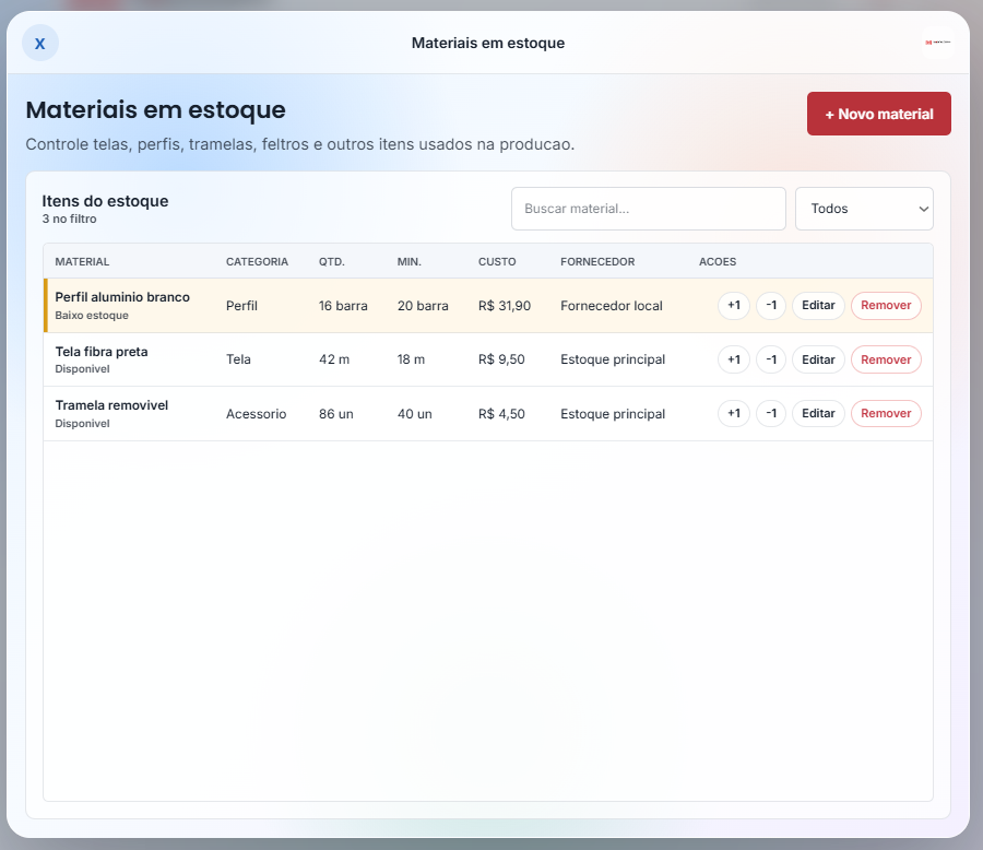 Controle de estoque do sistema Mosquiteira.com