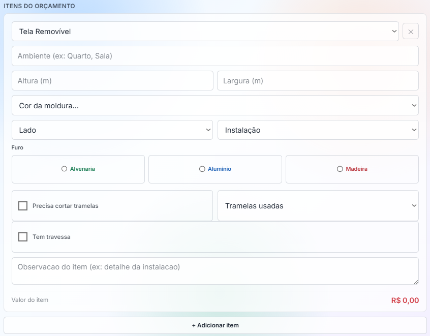 Edição de item de orçamento no sistema Mosquiteira.com