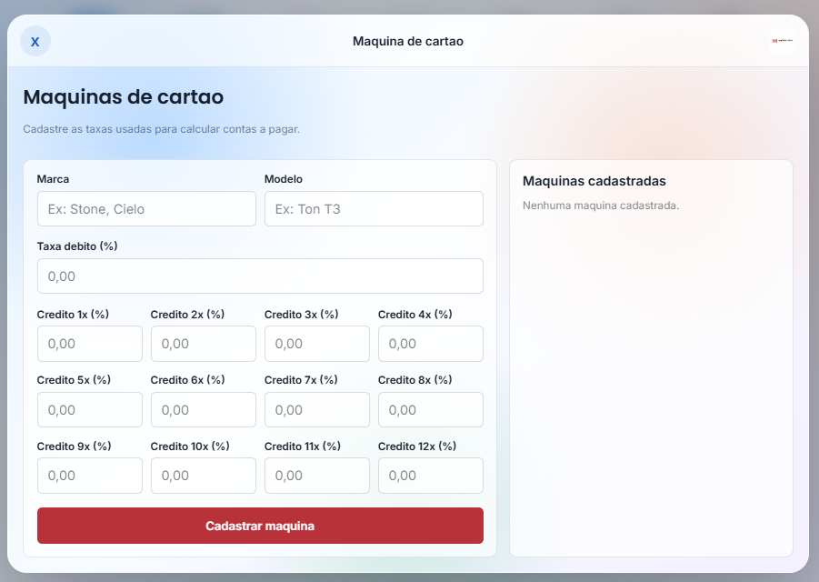 Controle de máquinas de cartão no sistema Mosquiteira.com