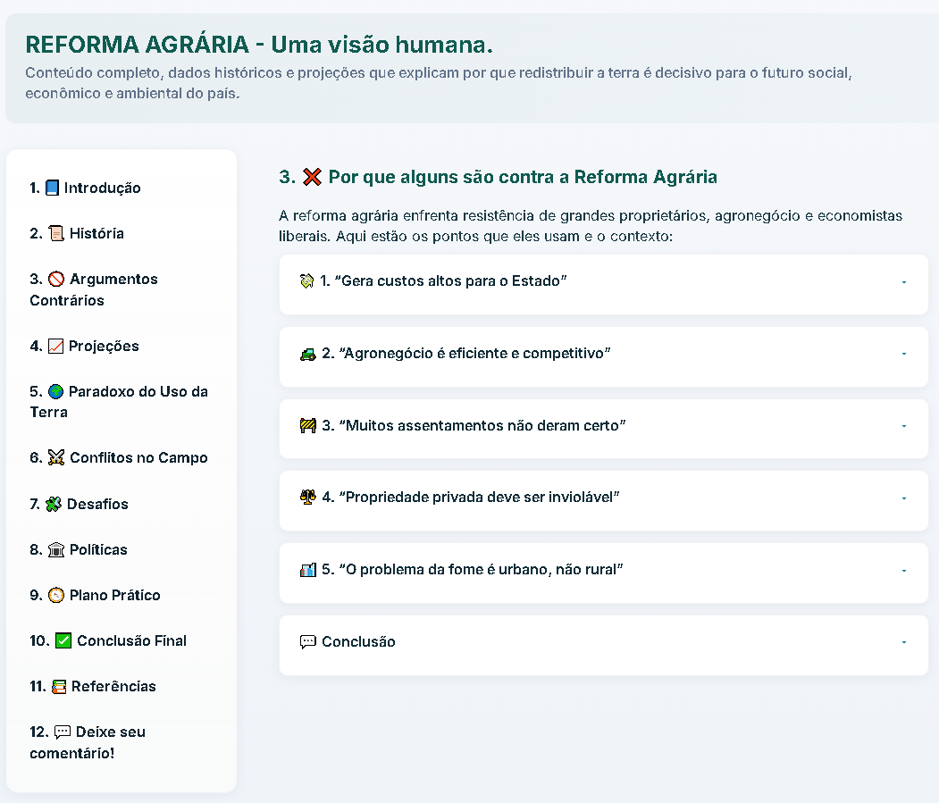 Seção de argumentos contrários da Reforma Agrária Educativa